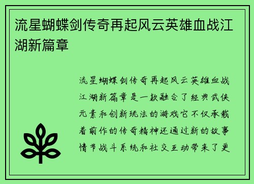流星蝴蝶剑传奇再起风云英雄血战江湖新篇章